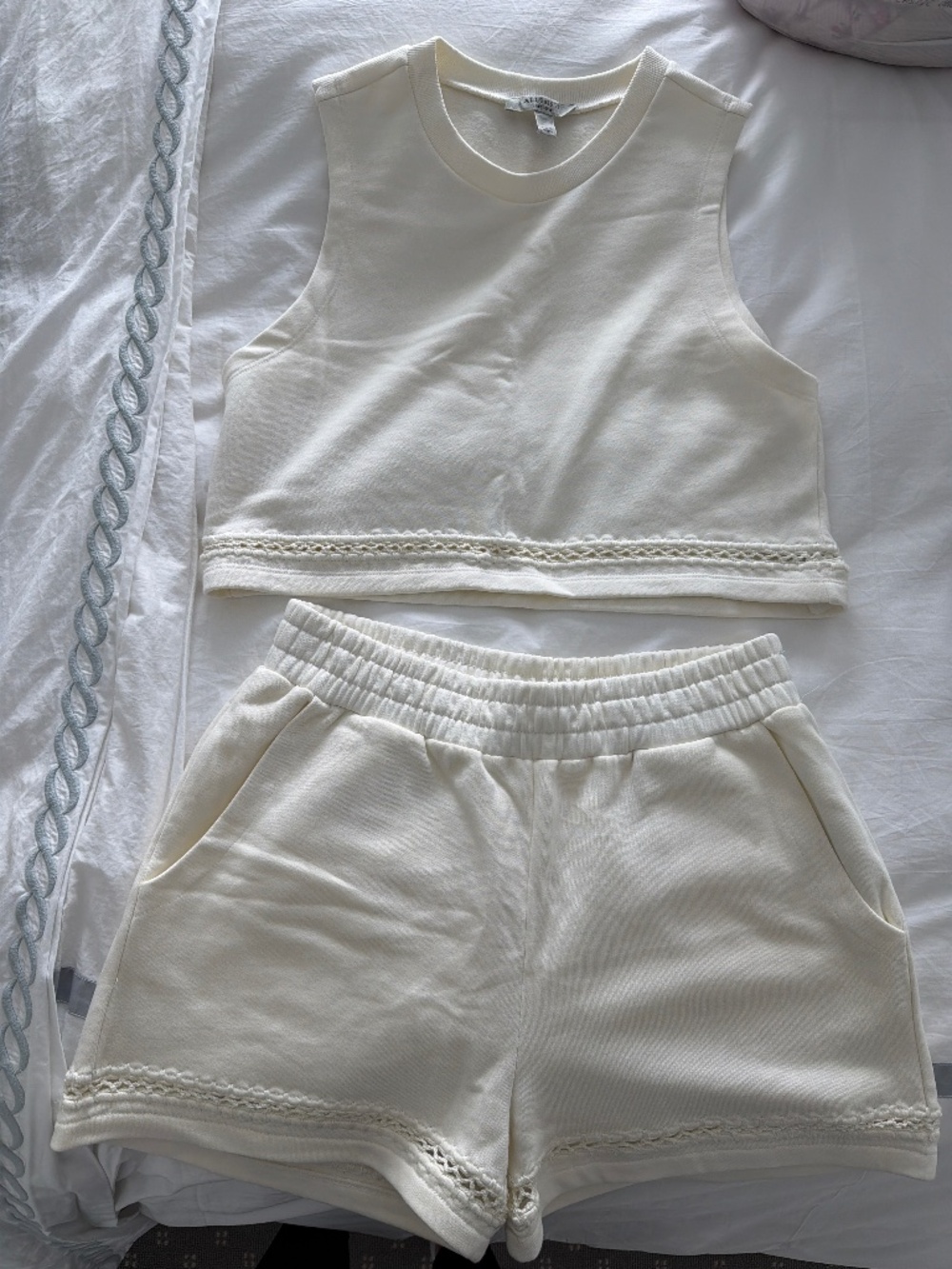 All Saints Cream Matching Crop Top and Shorts Set with Embroidery